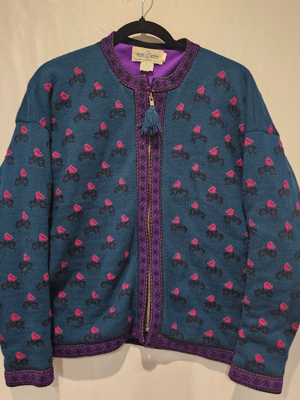 Vintage Stowe Woolens Handcrafted Wool Cardigan Sweater Zip Up Teal Blue L XL